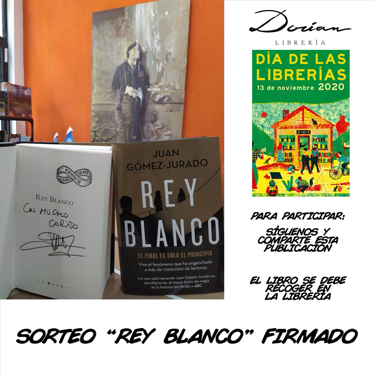 libreriadorian's tweet image. Para celebrar el Día de las librerías sorteamos  un ejemplar de "Rey Blanco" de @JuanGomezJurado firmado por el autor.
Síguenos y haz RT para participar.
El sorteo cierra a las 23.59 de hoy y se realiza mañana por la mañana.
El premio se recogerá en la librería #huelva #vasaleer