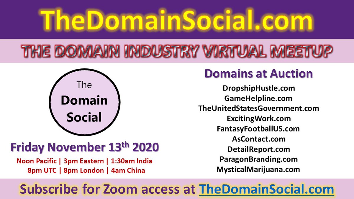 TheDomainSocial's tweet image. Friday at 3pm Eastern.  Come join us for this week's edition of The Domain Social.  Subscribe now to get an email with the Zoom link a few minutes before showtime.
TheDomainSocial.com