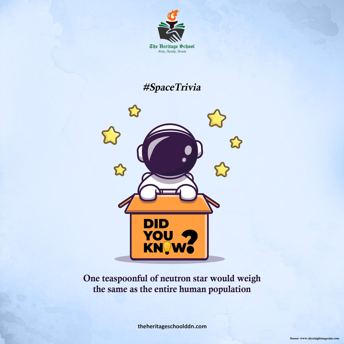 heritageschoold's tweet photo. To make something as dense as a #NeutronStar, the whole of humanity would need to be crammed into a space the size of a sugar cube. 🌟🌌

#TheHeritageSchool #ICSESchool #QualityEducation #SpaceTrivia https://t.co/caL5QZYXtP