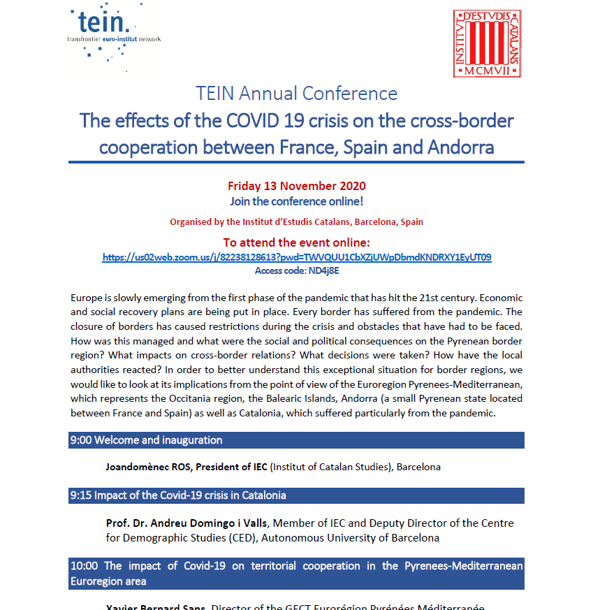 ITEM_UM's tweet photo. 🗓️ Today the TEIN Annual Conference was held!
Organised by the Institut d’Estudis Catalans @IEC
Speakers from 🇫🇷🇪🇸🇦🇩 will discuss the effects of the #COVID-19 crisis on the cross-border cooperation in the #Pyrenean #crossborderregion @Euroregion
https://t.co/qxNv1W12IO https://t.co/2tJ4XnuXZo