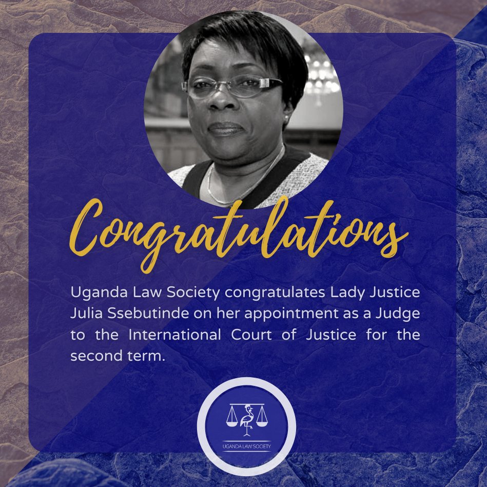 ug_lawsociety's tweet photo. Congratulations Lady Justice Julia Ssebutinde.
Re-elected for a nine-year term at the International Court of Justice. 

@PheonaWall @JudiciaryUG https://t.co/VJl2fUAo9k