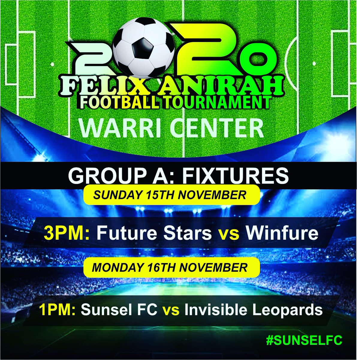 sunsel_fc's tweet photo. 3 DAYS TO GO >>
Anticipate: Sunsel FC as we Battle Invisible Leopards .
2020 Felix Anirah Football Tournament
#footballseason #football scouting community #sunselfc
@SportsBMH
@afgrassports
@KFCIFE
@UdalaFCU
@official_gidado
@Olhanfa
@Royaltoms_IFA
@HandsFootball
@BraveheartsUtd https://t.co/VOYHz348qW