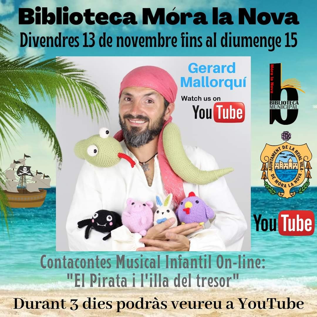 A partir d'avui fins al diumenge tindreu accés a l'enllaç gratuït de YouTube per a veure el Contacontes Musical "El Pirata i l'illa del tresor" de Gerard Mallorquí  🏴‍☠️
YouTube:  youtu.be/vaOwYAXIVhg

🕣 A l'hora que vulguis
💻 Lloc : YouTube, a casa, al mòbil...
#CulturaSegura