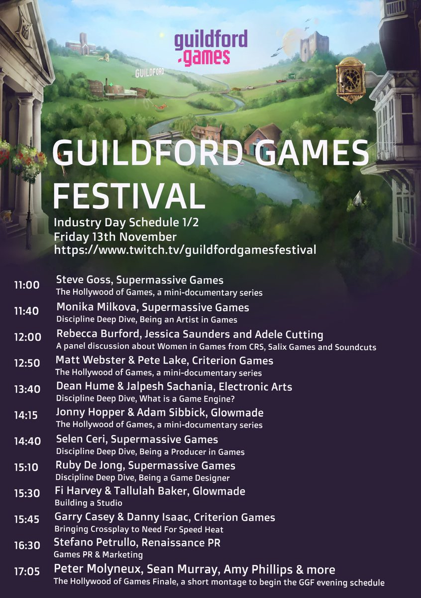GUGamesFest's tweet photo. It’s Friday 13th November 2020. Today, the Guildford Games Festival goes digital!
Join us from 11am GMT for interviews, deep dives and stories from #GuildfordDevs and #RenownedGamers!
Check out the schedule, make some notes, see you soon! 🤓
https://t.co/mvflRYIPNm https://t.co/pHzwegrLoG