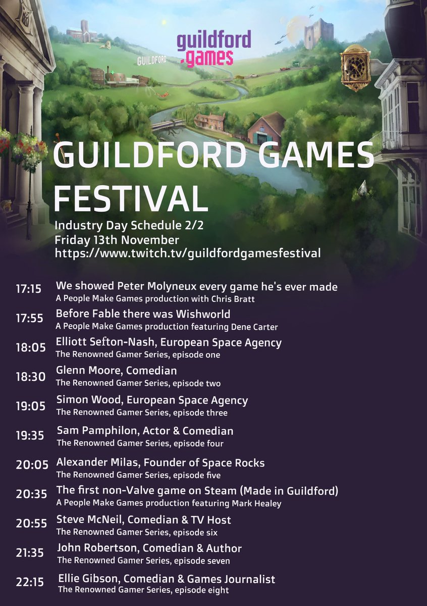 GUGamesFest's tweet photo. It’s Friday 13th November 2020. Today, the Guildford Games Festival goes digital!
Join us from 11am GMT for interviews, deep dives and stories from #GuildfordDevs and #RenownedGamers!
Check out the schedule, make some notes, see you soon! 🤓
https://t.co/mvflRYIPNm https://t.co/pHzwegrLoG