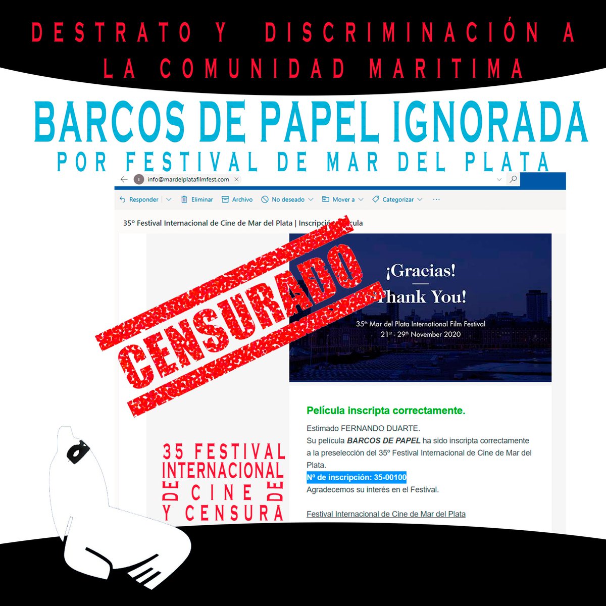 Fernando9Duarte's tweet photo. REPUDIO POR DESTRATO Y CENSURA EN EL FESTIVAL DE CINE DE MAR DEL PLATA. La comunidad Marítima denunciamos públicamente el accionar NEFASTO e irrespetuoso por parte del @MarDelPlataFF en su edición 35 de este año 2020.
#REPUNTEPRESENTE #CINEARGENTINO #LaLuchaContinúa https://t.co/qkc9u4TnAC