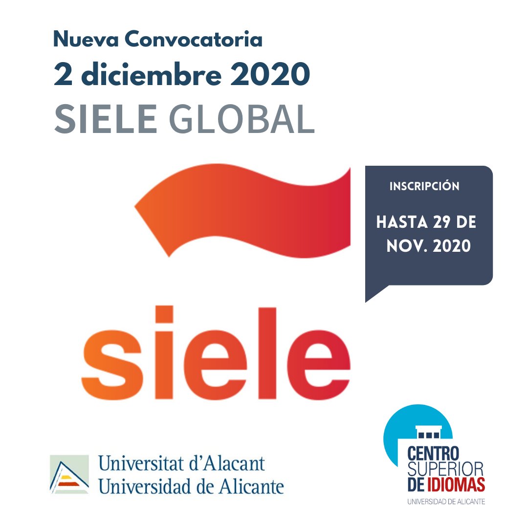 ALCExperience's tweet image. ¿Sabes que en la @ua_universidad puedes certificar tu nivel de #Español con un examen online oficial del #institutocervantes? Convocatoria Examen @siele_oficial 2 Diciembre en @csidiomasua #institutocervantes 
#estudioespañolenlaUA #spanishcoursesua #ELE bit.ly/32EYcnp