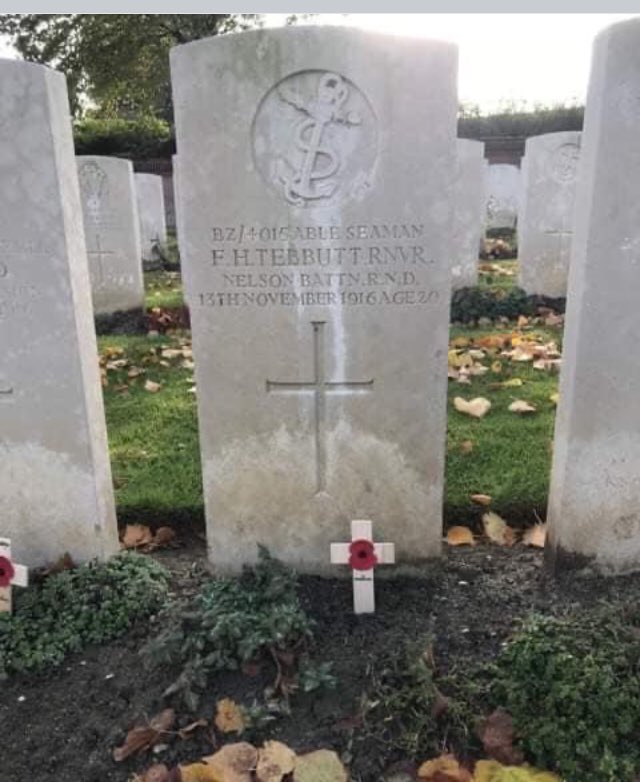 On this day 104 years ago men from the 63rd Royal Naval Division clambered our of their trenches and attacked the German positions by the River Ancre on the Somme. One of those killed that day was Francis Henry Tebbutt, Nelson Battalion. Remembered.