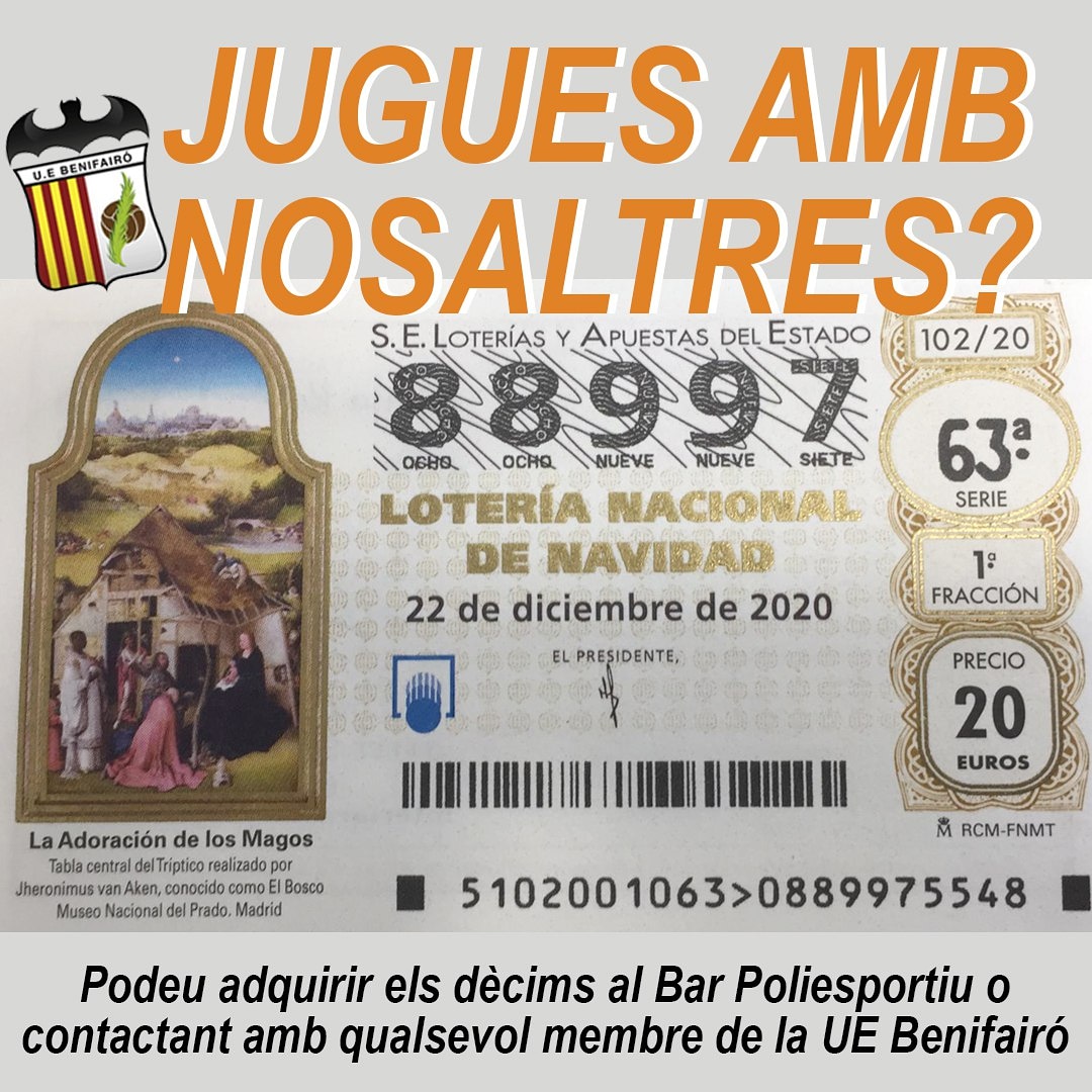 🍀🎫 S'acosta el cap de setmana, s'acosta el futbol a Benifairó...però abans perquè no comprem el dècim de Nadal de la UE Benifairó?

⚪️⚫️ Els dècims els podeu comprar al Bar Poliesportiu, i també contactant amb algun membre de la UE Benifairó (jugador/a o directius).

#somBeni