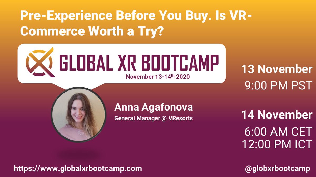vresortsIO's tweet photo. What are your plans for @GlobXRBootcamp?
Join @AnnaAAgafonova on an exciting journey exploring #VRcommerce!
Register on this link (the event is free):
https://t.co/rfkkjyBH6h
We are looking forward to this grand 24-hour event @globxrcommunity #globalxrbootcamp #xr #ar #vr https://t.co/wd2g2YdBZO