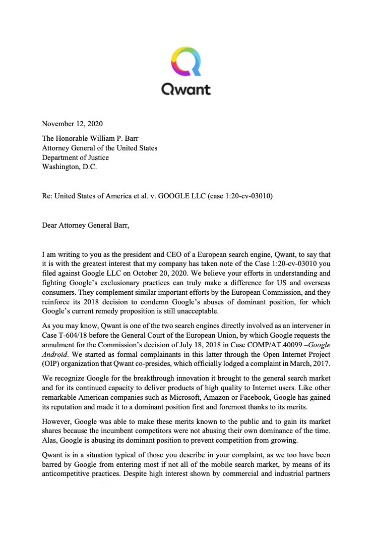 QwantCom's tweet photo. [PRESS ALERT] 📢 Qwant has sent a letter to the US Attorney General to support its proceedings against Google LLC. The antitrust complaint filed by @TheJusticeDept adds to the important action of @vestager in the EU. Read the press release: https://t.co/jc4EeF16gZ https://t.co/Xk6rqnSVWm