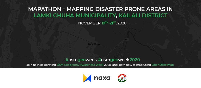 naxanp's tweet photo. Join us next week (November 19-21) in celebrating this year’s @osmgeoweek by being a part of the #VirtualMapathon to #Map disaster prone areas of Lamki Chuha Municipality.
Registration Link: https://t.co/PQpYJf9KNM
#osmgeoweek #MappingRemoteNepal #Mapping4Resilience
#NAXA #IHRR https://t.co/XkeMtVt7HP