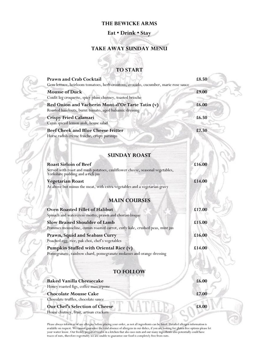 SUNDAY TAKEAWAY FROM 12-4PM!! Pre-order by calling or WhatsApp to 07511785593 or email bookings@thebewicke.com. Free delivery to the local area or collection 😅😅