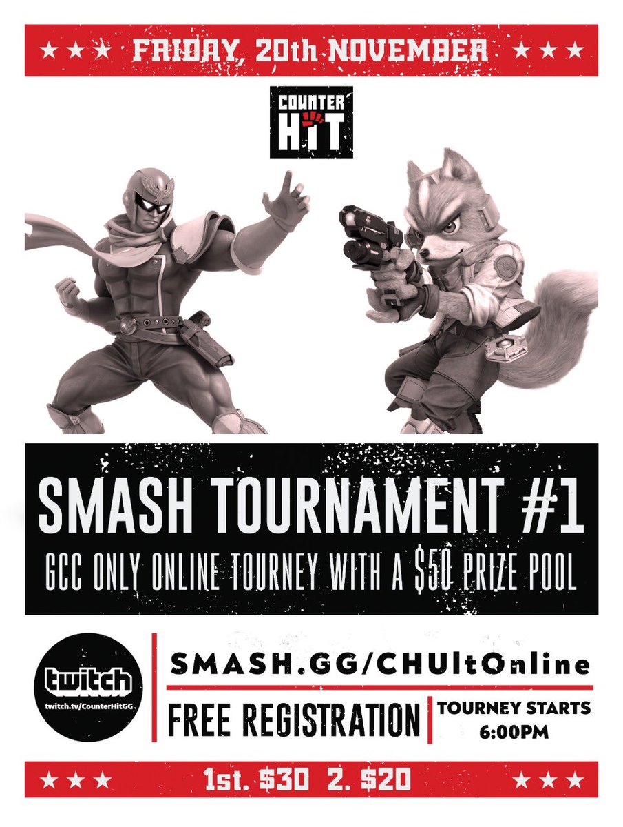 CounterHitGG's tweet photo. Hey everyone! Our tourney organization will be hosting our first online tourney on November 20th for Smash Ultimate (GCC Only), make sure to join the tournament using the following link: 

https://t.co/GRfoKlJVMC

Make sure to join our discord:

https://t.co/O8ByoGgl6q https://t.co/6pa9P6TeFC
