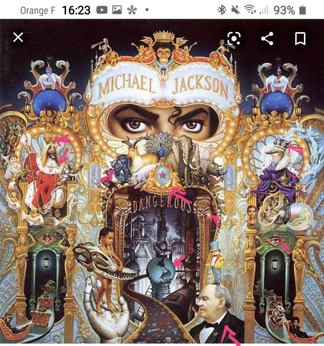 Sur la pochette Dangerous, M.J a laissé des indices intriguants ▪︎illuminati ▪︎couronne Royale ▪︎couronne Vatican œil d'Horus ( Egypte)▪︎globe = monde gouverné par l'étoile maçonnique ▪︎
