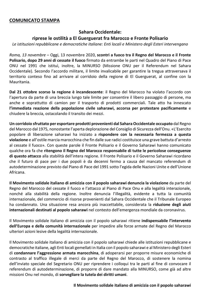 ReteSaharawi's tweet photo. Accade quel che si temeva: le proteste civili e pacifiche del popolo #saharawi a #ElGuerguerat, iniziate il 21 ottobre, contro lo sfruttamento delle risorse del #SaharaOccidentale illegalmente occupato dal #Marocco, hanno visto la risposta armata dell'esercito marocchino.
1/3 https://t.co/8LsP55nRIu