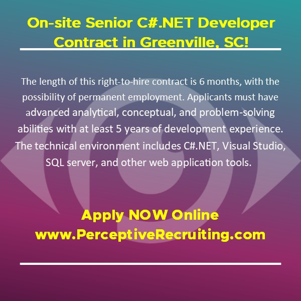 PerceptiveRecr1's tweet image. HOT JOB ALERT! Sr. C#.NET Contract in Greenville! Apply Now at PerceptiveRecruiting.com #PerceptiveRecruiting #WomanOwned #SupplierDiversity #DirectPlacement #GVLToday #GSABusinessReport #yeahTHATgreenville #GreenvilleBusinessMagazine #recruiting #careers #jobsearch #hiring