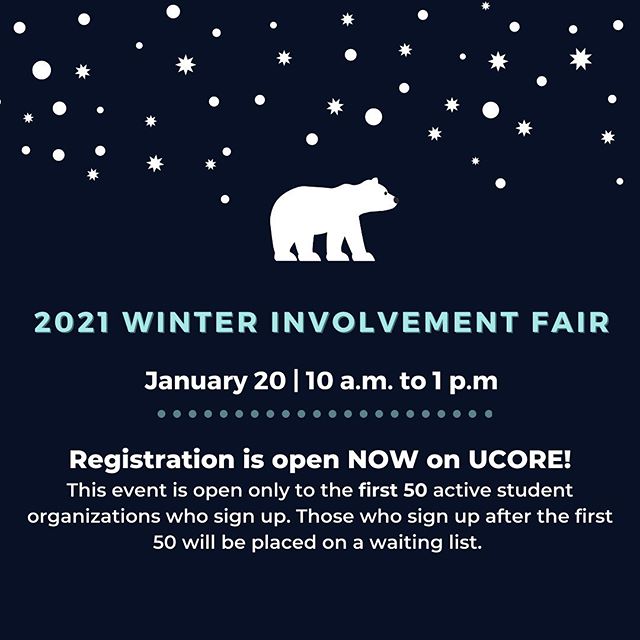 ⚠️ATTENTION ACTIVE STUDENT ORGS⚠️Registration for the 2021 Winter Involvement Fair is NOW OPEN on UCORE! ❄️ Click on the link in our bio to SIGN UP NOW for one of our 50 open spots‼️