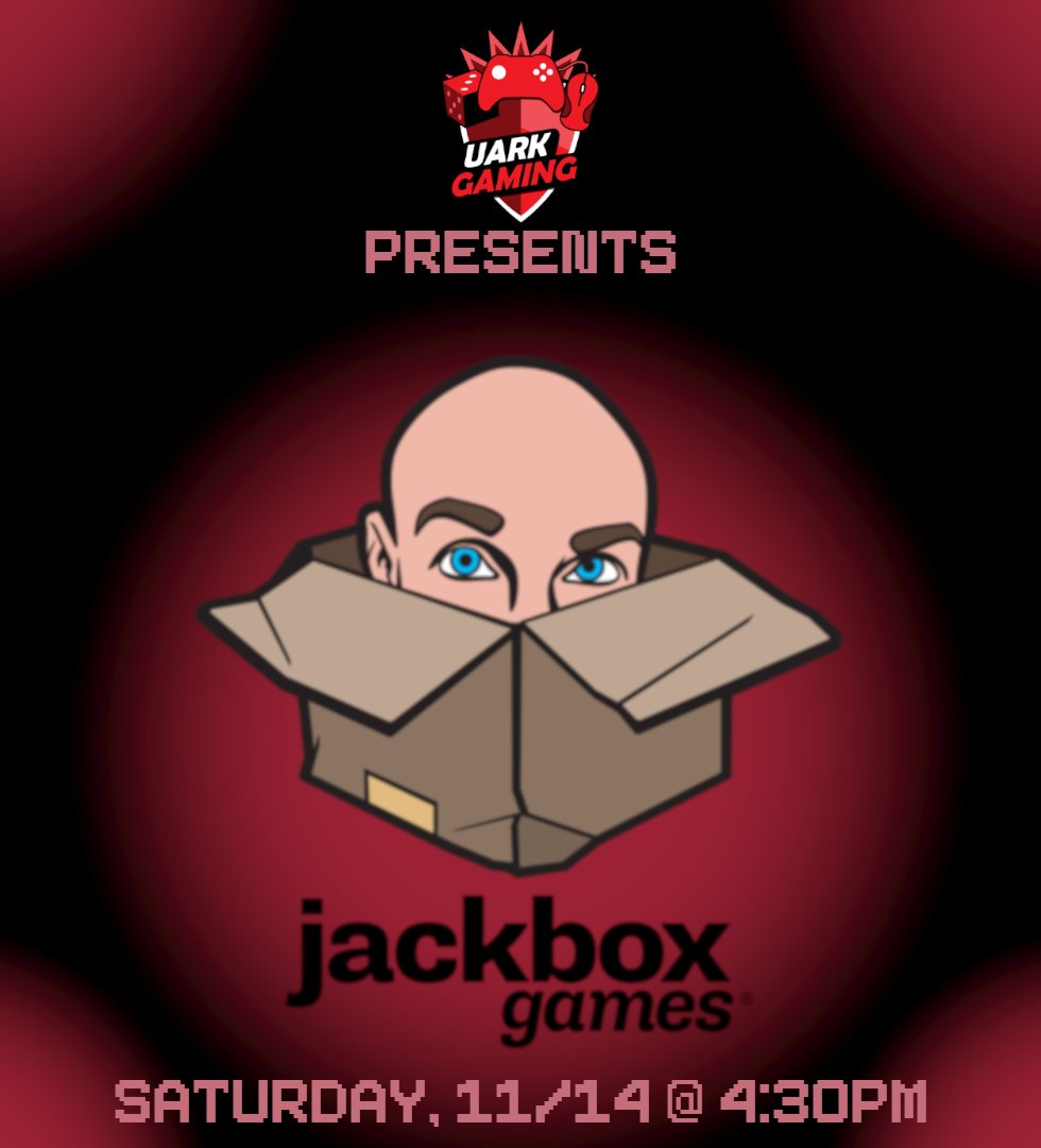 UARKGaming's tweet photo. Got a device and a brain? Join us tomorrow (Saturday, 11/14) at 4:30pm on our Discord server at https://t.co/zIWCSV8JJa for a @jackboxgames party! https://t.co/tFKZzIKaR3