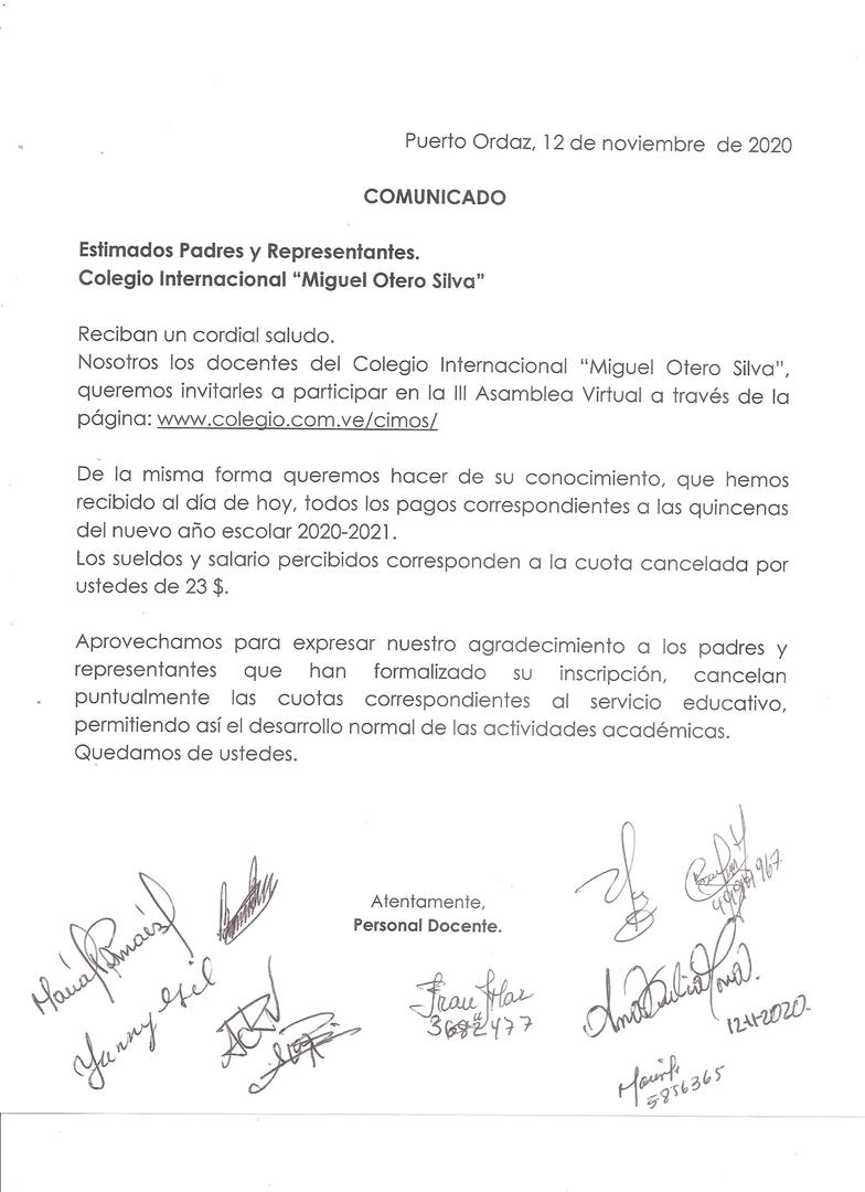 CimosOficial's tweet photo. Comunicado del Personal Docente a los Padres y Representantes https://t.co/CpR9dpAGUh