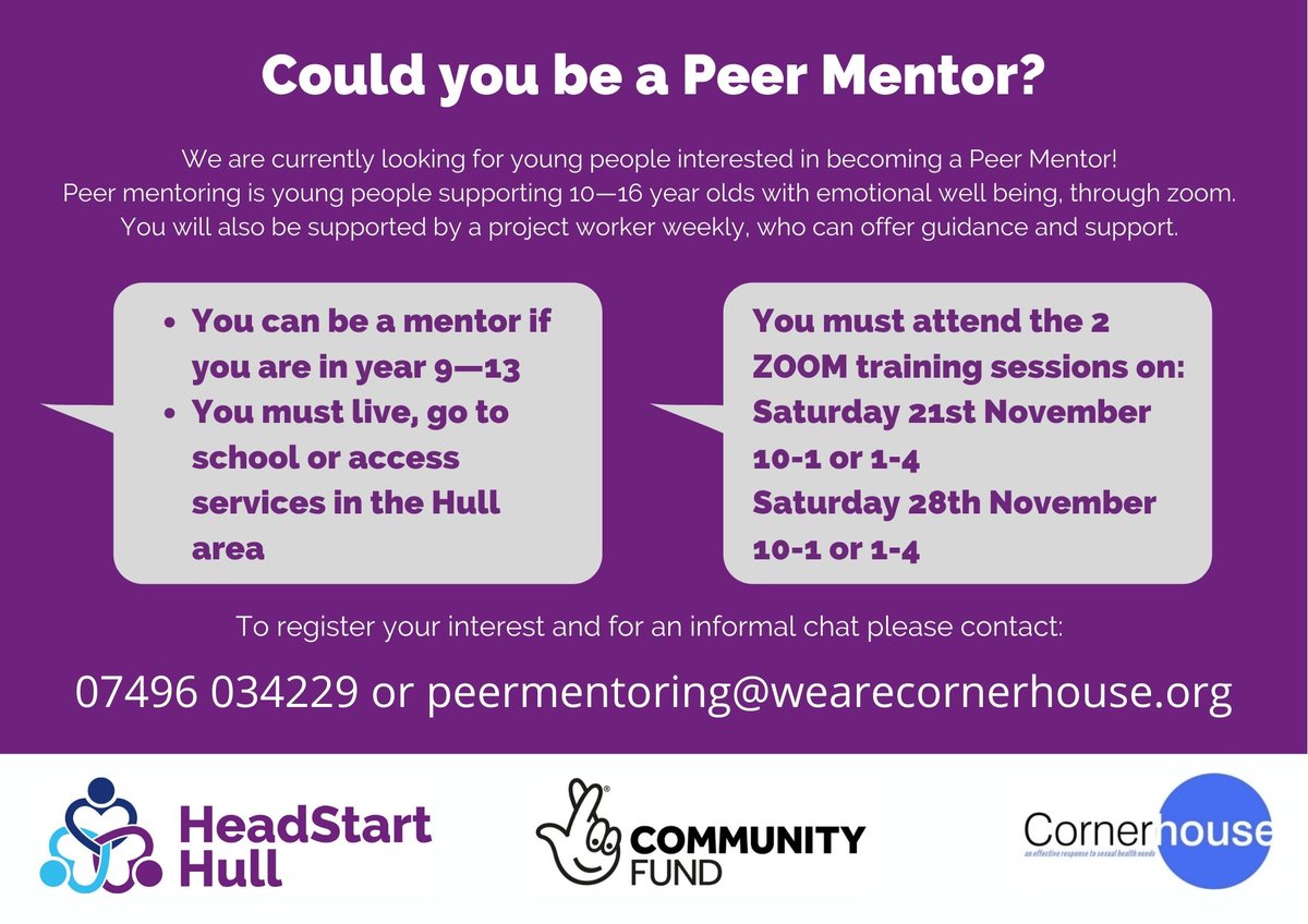 ThriveHull's tweet photo. Could you be a Peer Mentor?
@wereCornerhouse are looking for young people aged 9-13 to become a peer mentor to help support other young people in the city. https://t.co/GvMg7SN32k