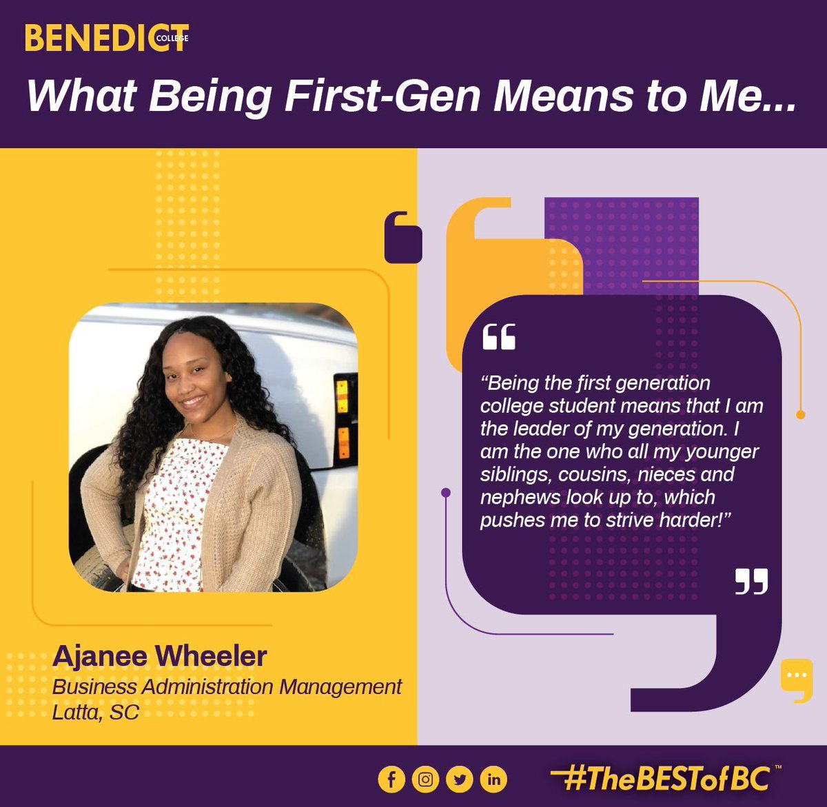 BenedictEDU's tweet image. Ajanee is a first-generation student!

Being first-generation is defined as "neither parent nor guardian earned a four-year college degree"

Approximately 40% of Benedict Students are first-generation. Show pride in being first-gen!

#BCfirstgen #BlackFirstGen #CelebrateFirstGen