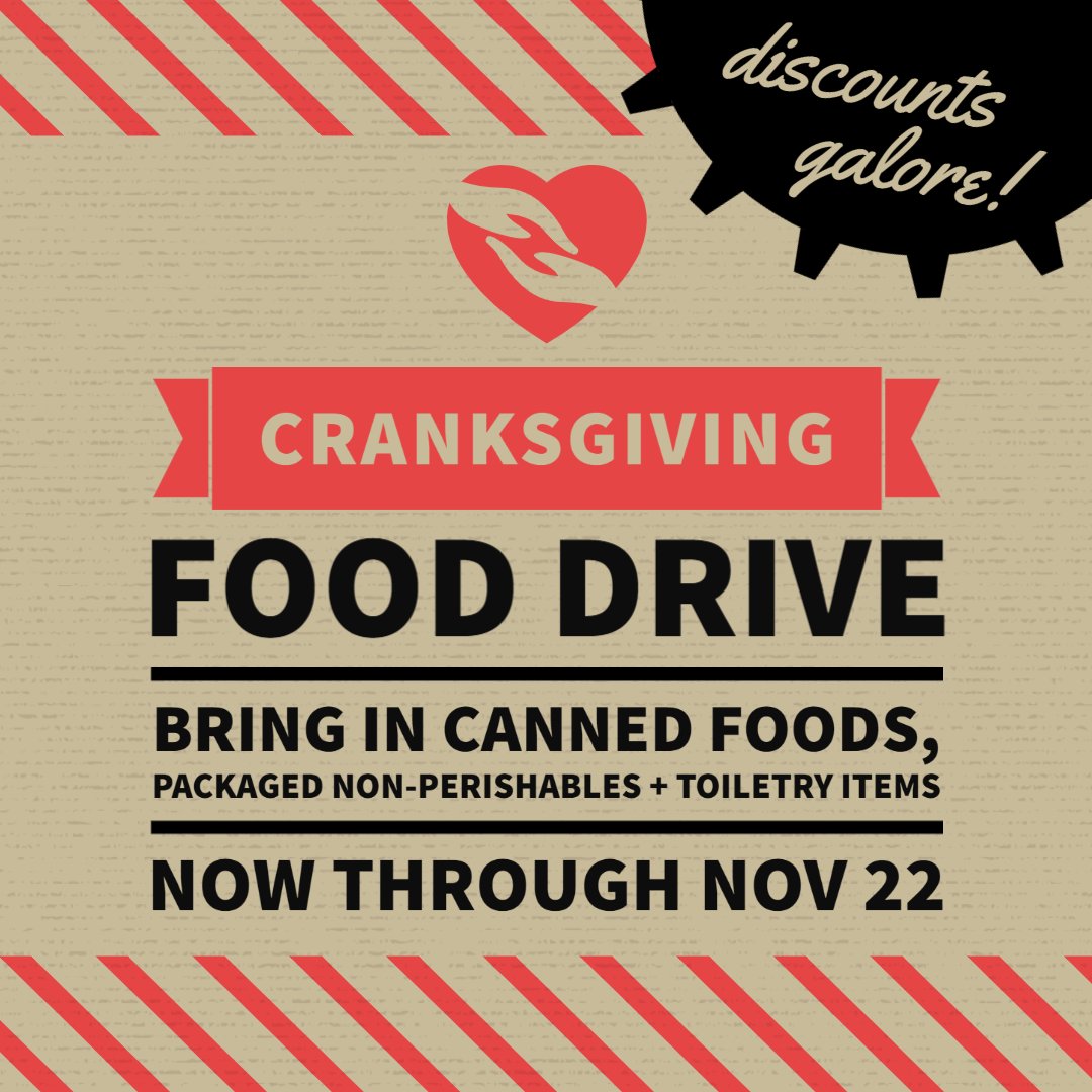 cursedbikes's tweet photo. #STLCranksgiving is here! Drop off donations for @OPFoodSearch at our shop til Nov 22.
• Bring 1+ items, get 10% off food/bev
• 5+ items, 10% off bike accessories
• 10+ items, 5% off bikes (up to $100 off)
Details: https://t.co/GcVOa8za1k 
Thanks to @STLBWorks for organizing! https://t.co/UrAhE2zprN