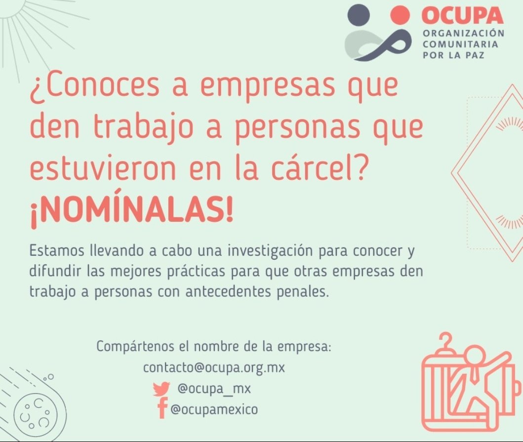 ocupa_mx's tweet photo. Estamos buscando a empresas que den trabajo a personas q salieron de cárcel. ¿Nos ayudas a encontrarlas? Si conoces alguna por favor, pasanos sus datos. https://t.co/aPet7cWJzo