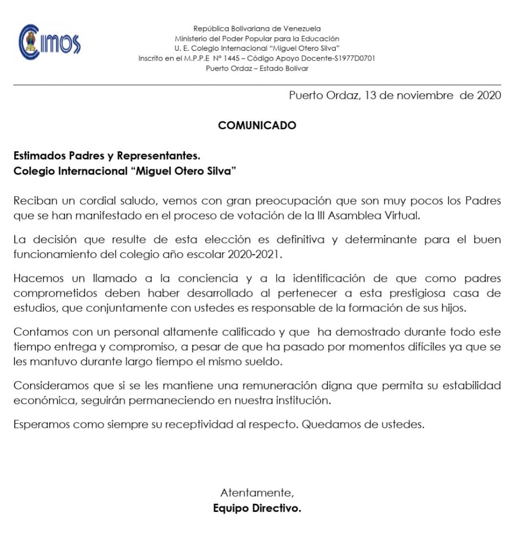 CimosOficial's tweet photo. Comunicado del Equipo Directivo a los Padres y Representantes https://t.co/SuQSz8wJRX