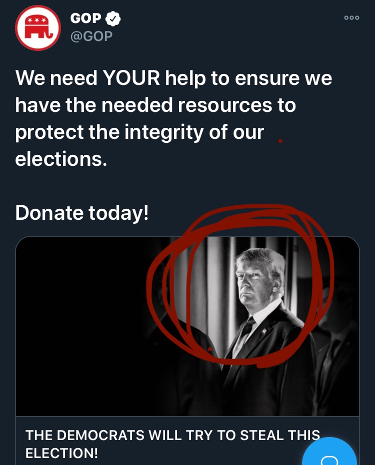 TrillOfTruth's tweet photo. Whoa WTF is wrong with the @GOP?!? Nevermind, we don’t have that much time, but seriously how fu€king creepy is this pic? It looks like tRump is the guy who’s trying to steal the election. Oh wait, what?!?
#ItsTimeToConcede 
#InsurmountableJoe https://t.co/3HDZzNFr7C