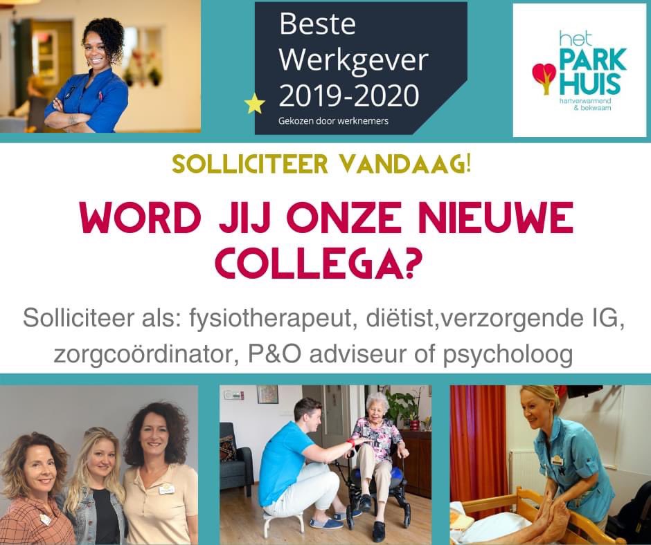 Ben je op zoek naar een baan als  #fysiotherapeut, #diëtist, #verzorgendeIG, #zorgcoördinator, #hradviseur/ P&amp;O adviseur of #psycholoog ? Op onze website vind je jouw vacature en de mogelijkheid om te solliciteren. Even doen dit weekend! 💪 hetparkhuis.nl/vacatures