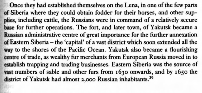The Yakuts were more advanced in their use of iron. The Yakuts conquered and assimilated many Tungus, Samoyeds, and Yukaghirs. by 1650, Yakutsk had ~2,000 Russians.