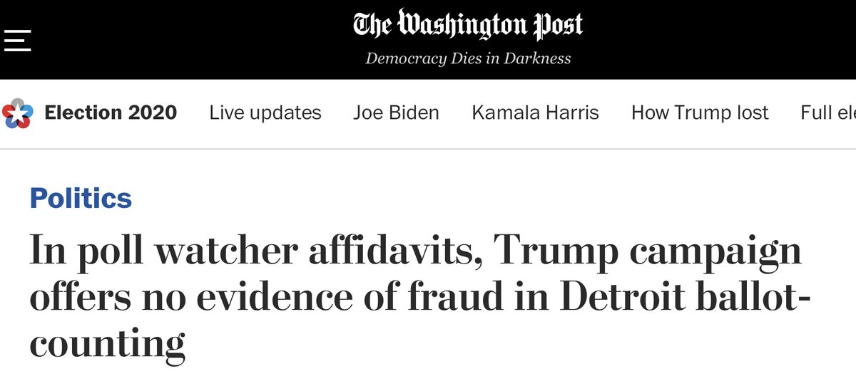 Evaluating the evidence can be tricky for lawsuits. Although  @TeamTrump compiled 238 pages of affidavits from poll workers in Michigan, those 238 pages didn’t contain any evidence of fraud. Don’t confuse the volume of claims with supporting evidence.  https://www.washingtonpost.com/politics/michigan--poll-watcher-affidavits/2020/11/11/4d073d7a-2447-11eb-a688-5298ad5d580a_story.html