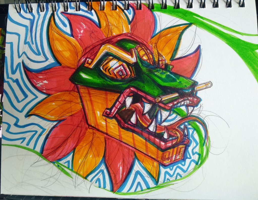 _riquis_'s tweet photo. Uh oh, she's drawing #Quetzalcoatl again... 🤪🤪🤪 #warmupsketch #aztecgod #markerart #angstyart https://t.co/2D5PB4rrHX