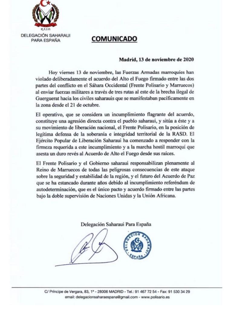 Seguimos de cerca la situación en #Guerguerat , ante el incumplimiento del Alto al fuego por el Gobierno marroquí. 
#SaharaOccidental 
#saharalibre