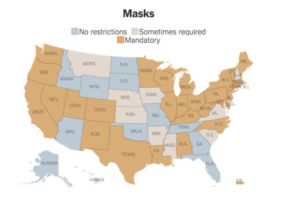erinkingmd's tweet photo. Overlay a map of abortion restrictions on this map... states with NO/SOMETIMES mask mandates are similar to the ones with the MOST abortion restrictions (aka mandates) ... hmmmmm https://t.co/D8kH7CLN7e