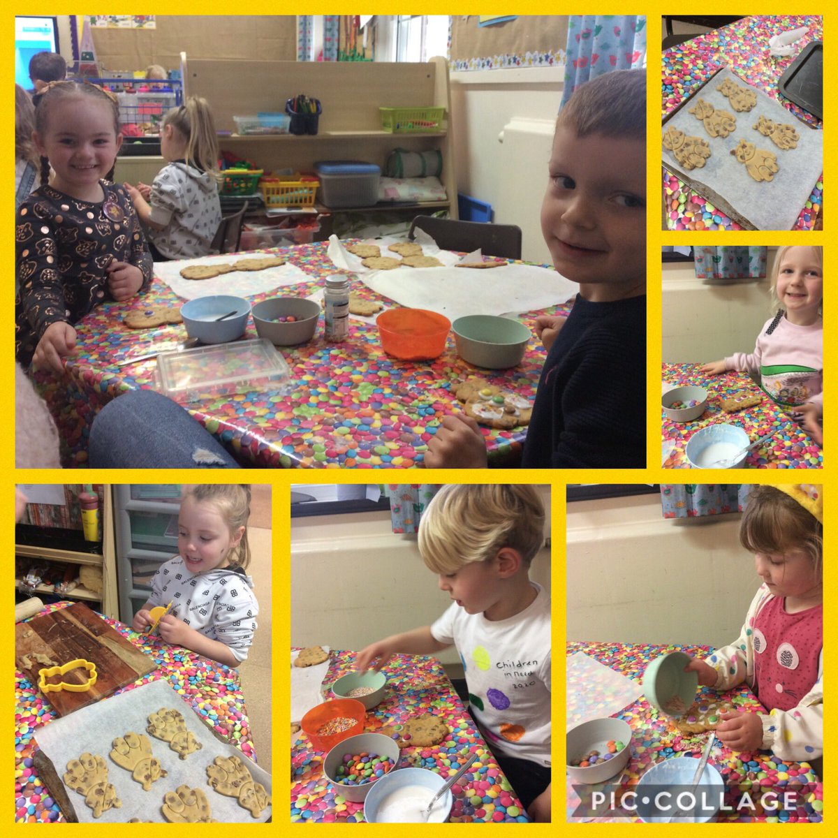 FRISroom4's tweet photo. We loved all of your spotty outfits and pudsey ears today! Thank you for supporting children in need! We made some yummy pudsey biscuits today too and decorated them with lots of spots! 🐻 https://t.co/q9XAhBz4eY