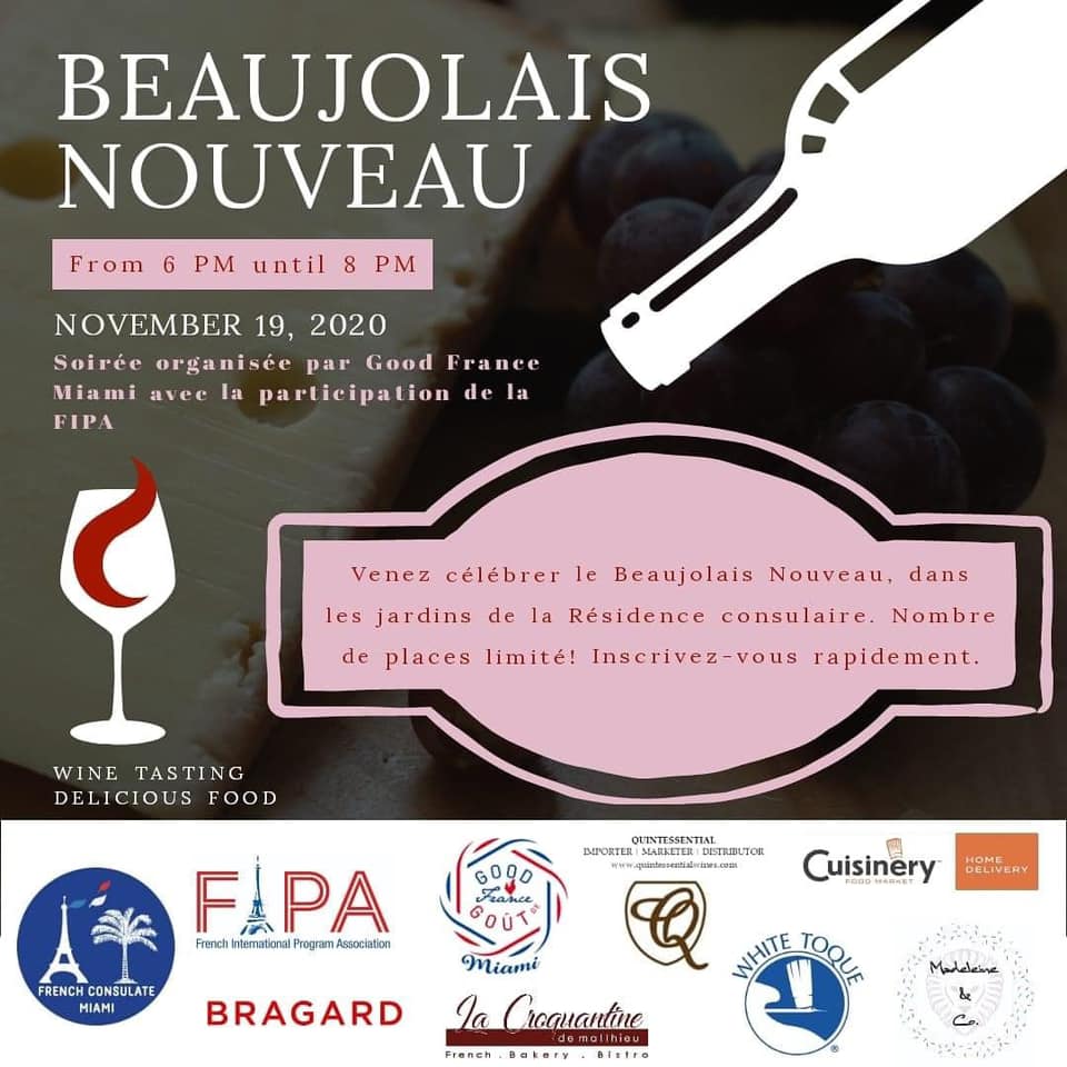 FranceinMiami's tweet photo. Come raise your glass with us during this year's @BeaujolaisNvx #winetasting in Coral Gables.

Thursday November 19th, from 6 pm to 8 pm

Book your ticket: https://t.co/C74RDvKLTe
Merci à @good_france Miami et @FIPAmiami ! 
 
#SaveTheDate #ilovebeaujolaisnouveau 🍷🇫🇷 https://t.co/SBW2rzkyM6
