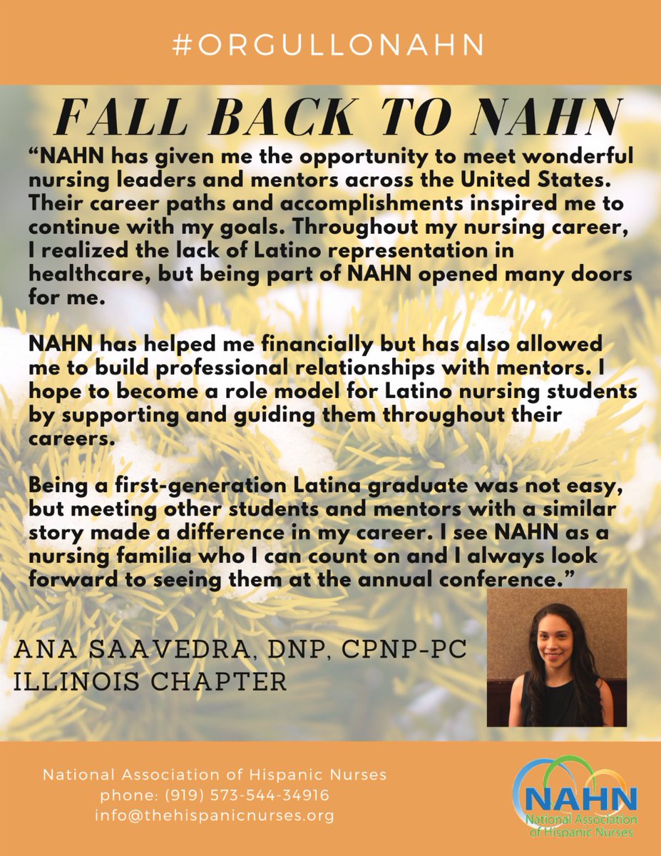 nahnnursing's tweet photo. Ana Saavedra, DNP, CPNP-PC, a member of the Illinois Chapter, joined NAHN to meet mentors and other nurse leaders. She wants to give back by being a role model for Latina nursing students. Visit https://t.co/srfaAPRqNd
#NAHN #membershipcommittee #orgullonahn https://t.co/ezBKYabl36