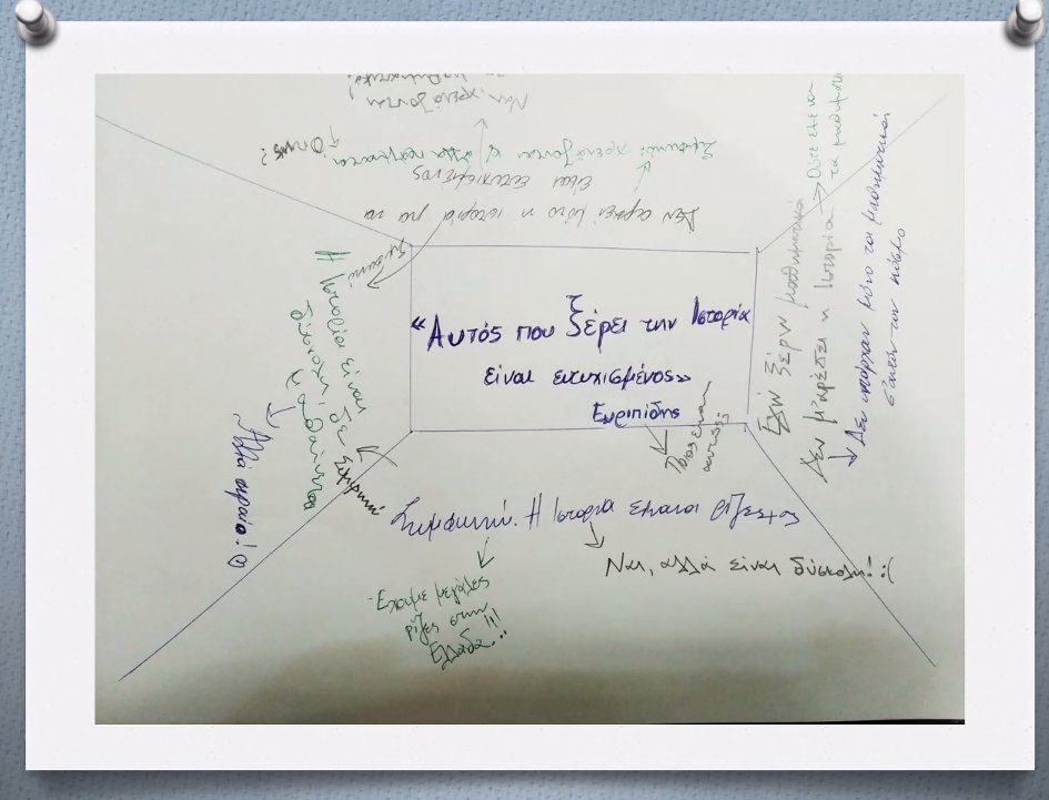 EuroClio's tweet photo. To collaborate online, we are also using the silent placemat activity. This consist of having students write down reflections about a topic, and letting their classmates react to that reflection. Here is also an example from Vassiliki to show what it can look like. https://t.co/ZgF7SqLdJJ