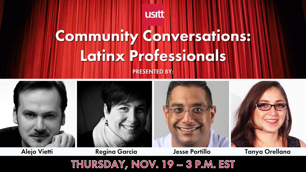 usitt's tweet photo. The next installment in our Community Conversations series features designers Regina Garcia, Alejo Vietti, Tanya Orellana, and Jesse Portillo as they discuss their careers and experiences as professionals in our industry.
#USITT #CommunityConversations #Latinx #LatinxDesigners https://t.co/qLukluTQAw