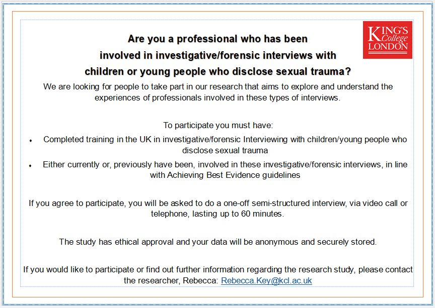 Are you a professional who has been involved in #forensicinterviews with CYP who disclose #sexualtrauma / #childabuse ? If so, please consider taking part in this much needed research...details below @metpoliceuk @BASW_UK @TriangleServLtd @iIIRG1 @PFEW_HQ please RT. Thank you!