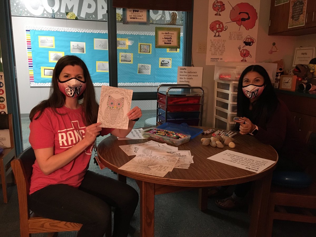 WilsonElemCouns's tweet photo. “Snacks and Self Care”—Educators taking care of themselves by coloring, painting rocks, talking, using fidgets, and playing in the sand! #WilsonWay https://t.co/A2u1GMGv2T