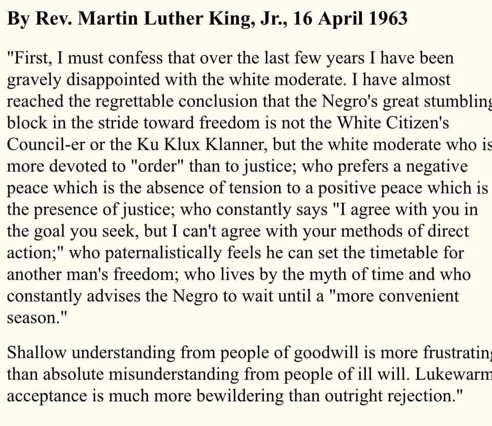BerniceKing's tweet photo. Be careful not to seek what my father called negative or false peace, which is merely the absence of tension. Our goal should be positive or true peace, which includes the presence of justice. Please read this excerpt from his ‘Letter from Birmingham Jail.’ https://t.co/qPOpYIHTrt