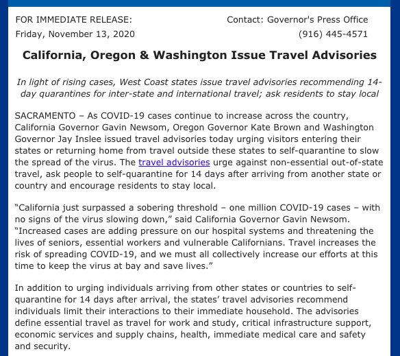 lilyjamali's tweet photo. INBOX: CA Gov. Gavin Newsom, OR Gov. Kate Brown and WA Gov. Jay Inslee have issued travel advisories urging visitors entering/returning to their states to self-quarantine for 14 days to slow the spread of COVID-19.
Here's the full release from Gov. Newsom's office... https://t.co/1A1ecPkToI