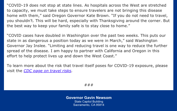 lilyjamali's tweet photo. INBOX: CA Gov. Gavin Newsom, OR Gov. Kate Brown and WA Gov. Jay Inslee have issued travel advisories urging visitors entering/returning to their states to self-quarantine for 14 days to slow the spread of COVID-19.
Here's the full release from Gov. Newsom's office... https://t.co/1A1ecPkToI