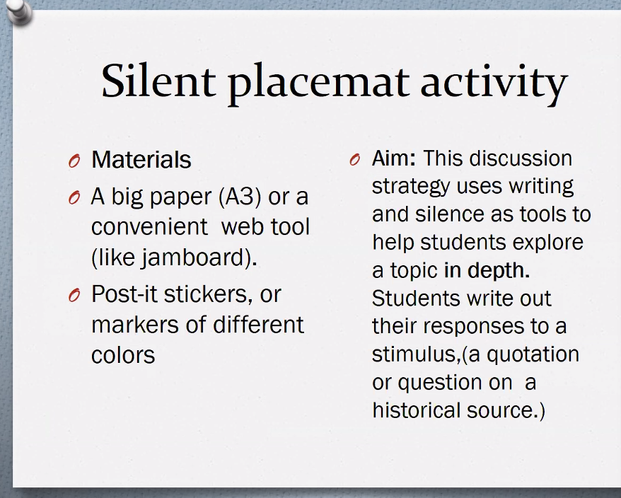 EuroClio's tweet photo. To collaborate online, we are also using the silent placemat activity. This consist of having students write down reflections about a topic, and letting their classmates react to that reflection. Here is also an example from Vassiliki to show what it can look like. https://t.co/ZgF7SqLdJJ