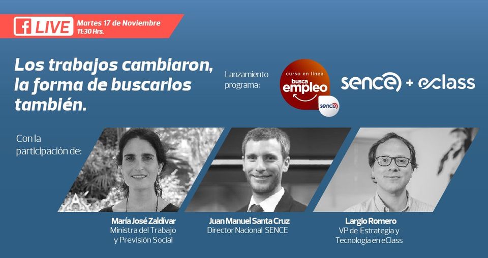 eclass's tweet image. Próximo martes 17 Nov! No te pierdas el lanzamiento del Programa en línea Busca Empleo que desarrollamos con SENCE, a través de nuestro Fb Live eClass. 
Agéndalo acá 👉facebook.com/events/1198158… 
#Sence #eClass #eClasslive #elearning #empleabilidad
