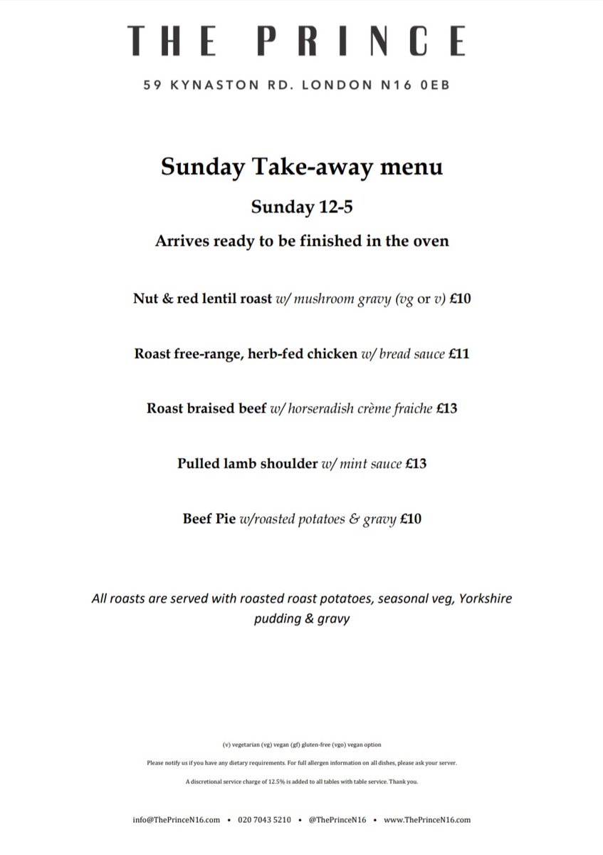 Takeaway at the Prince starts tomorrow!

Beers, Burgers and Pies! SAT 12-5PM

Roasts &amp; Beers SUN 12-5PM. 

To order call 0207 043 5210 

Or pre order your roast at info@theprincen16.com