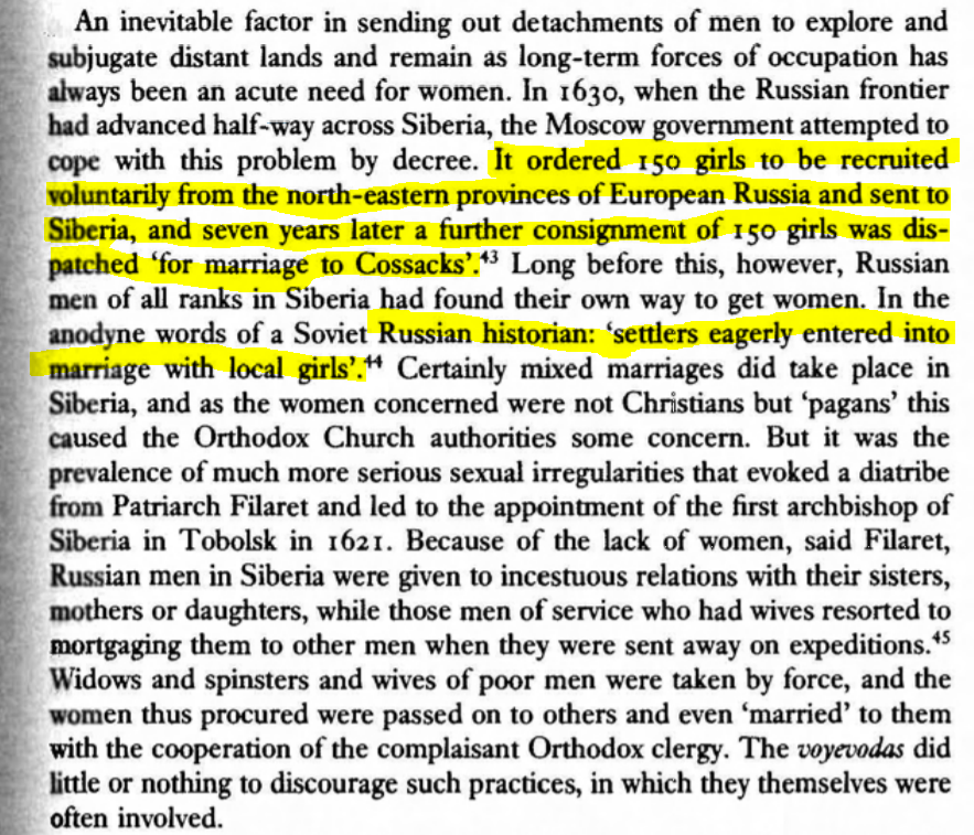 Since most Russians going east were men this led to problems. Like in the English colonies the Russians sent over mail-brides. Russians would sometimes purchase wives from the natives.